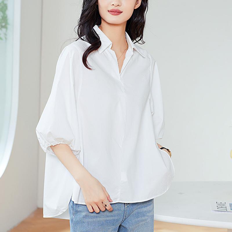 

Lapel Side Seam Slit Three-quarter Sleeve Shirt for Women s Spring and Summer New Style Casual and Versatile Top XXL синій