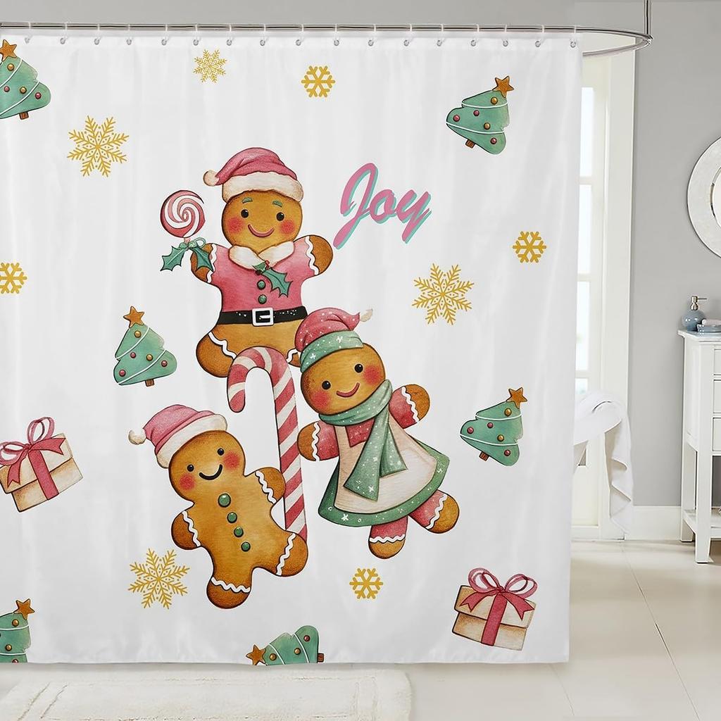 Merry Pink Christmas Shower Curtain,Cartoon Gingerbread Man Bathroom Curtain,Snowflakes Candy Fabric Shower Curtains,Happy New