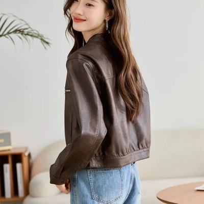 Lederjacke Damen neu Frühling und Herbst kurz klein Herbstmode lässige Lederjacke trendig schwarz