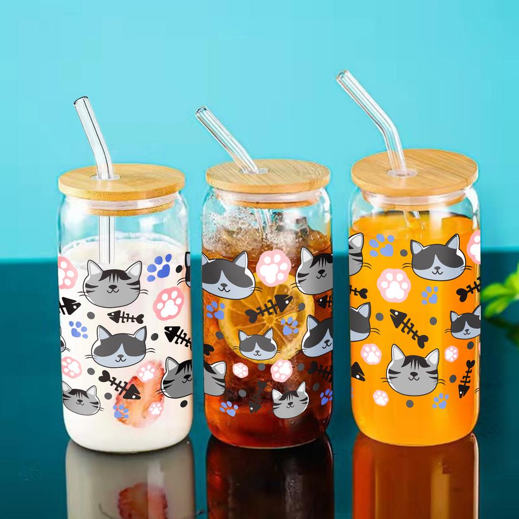 Roztomilý kočičí vzor 3D tisk 16oz skleněný hrnek Mason zavařovací sklenice láhve na vodu s bambusovým víčkem a brčkem sklenice na pití hrnek na sodu ledovou kávu