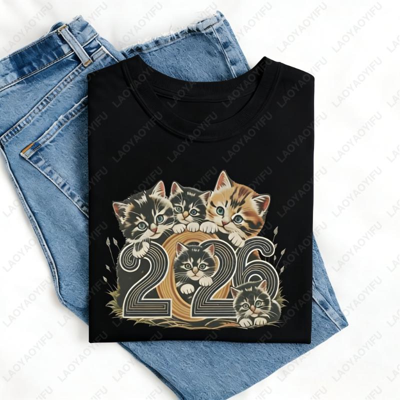 2026 Kitten New Year TShirt Retro NYE Party Cute Graphic Holiday Celebration Lovely Unisex Cotton Shirt Cat Lovers Woman Shirt