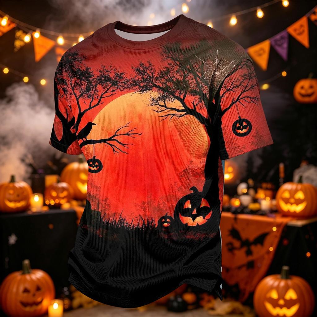 Men Casual Corduroy Short Sleeve Lightweight Breathable Round Neck Top Halloween Pattern Printed Shirt