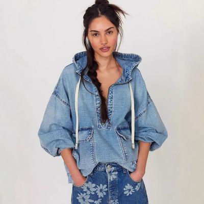 Light Blue Oversized Denim Hoodie with Half-Zip and Drawstrings