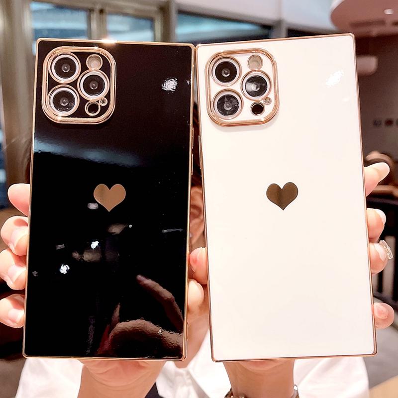 Soft Square Love Heat Phone Case For iPhone 12 11 13 14 Pro Max Mini X XR XS Max 7 8 Plus SE  Electroplated Bumper Cover