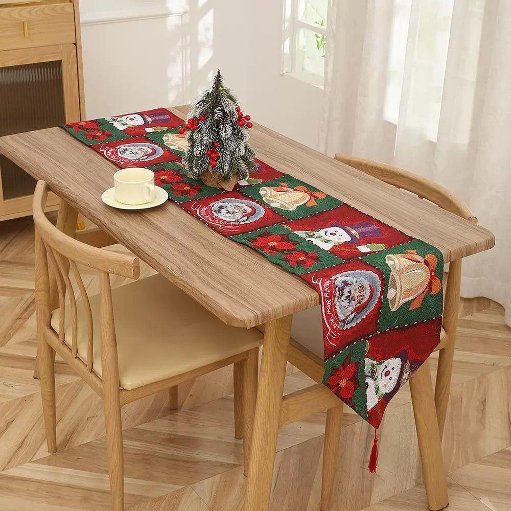 Creative Tassel Christmas Table Runner Snowman Printed Long Santa Claus Tablecloth Rectangle Table Flag Table Cover Banquet