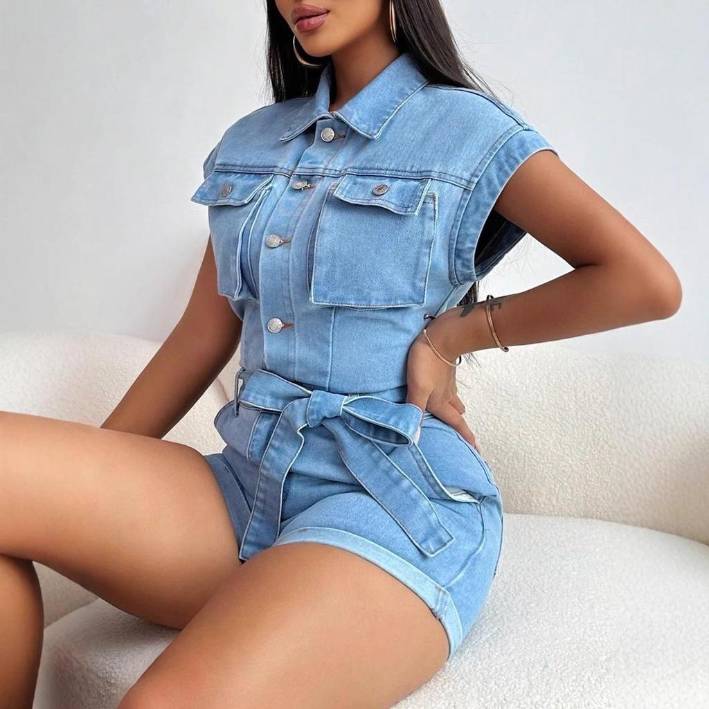 Women's European & American Fashion Lapel Pocket Denim Jumpsuit