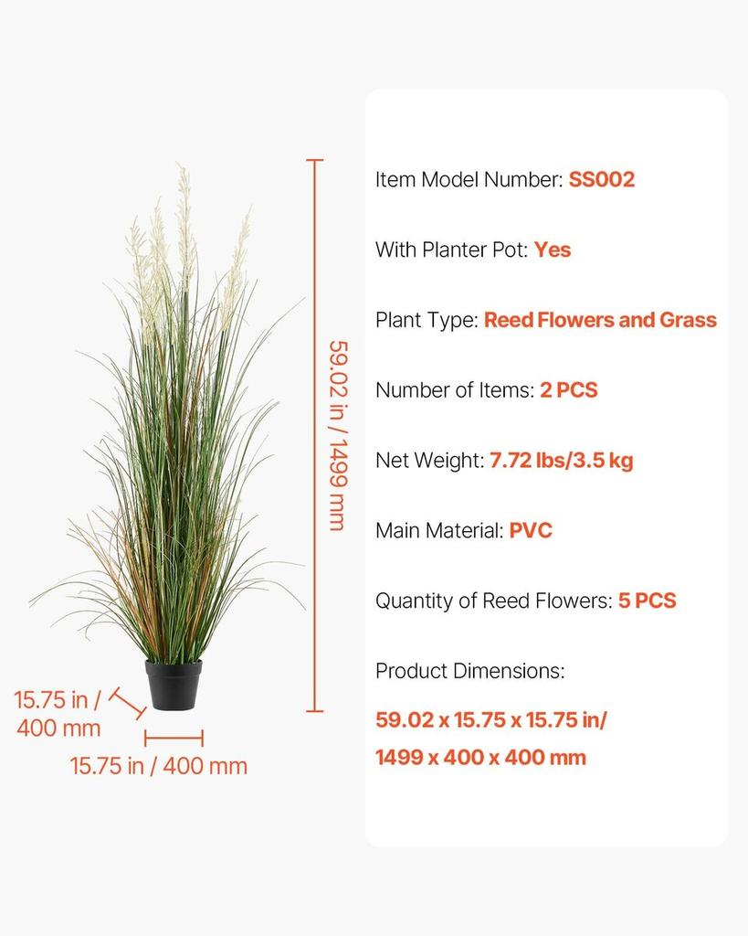 Artificial Grass Plant, 2 Pack 1499mm Faux Reed Flower Grass in Pot, Premium PVC Fake Greenery Shrubs Plant for Indoor Outdoor House Home Garden