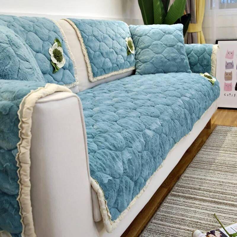 

Зимняя плюшевая подушка для дивана, ткань, простой современный кожаный чехол для дивана, утолщенный, полный комплект, четыре сезона, шарф на спинку, противоскользящий 70*70CM синий