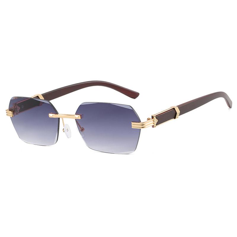 Trendige rahmenlose unregelmäßige quadratische Sonnenbrille mit kleinen Holzmaserbeinen