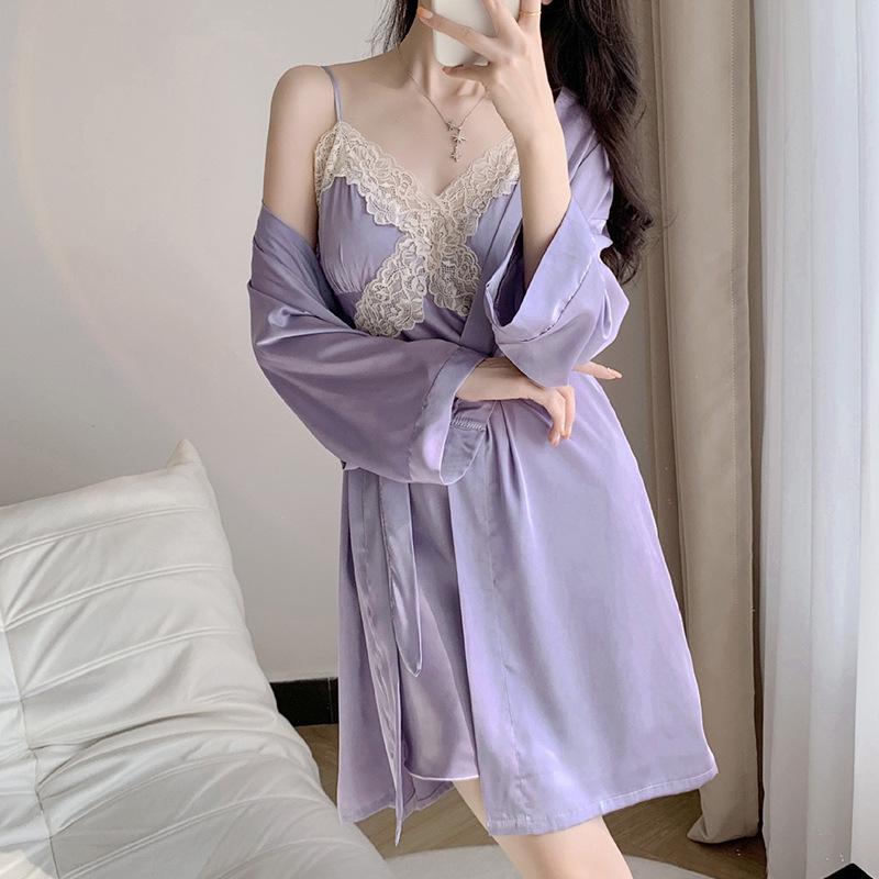 Women's Ice Silk Satin V-Neck Pajama Set - Three-Piece with Spaghetti Straps, Shorts, Robe, and Breast Pads