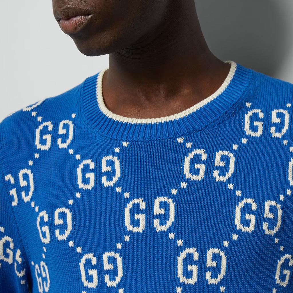 Gucci Jumbo GG Jacquard Crew Neck Sweater 'Blue Ivory' Men's 694767-XKCDF-4559