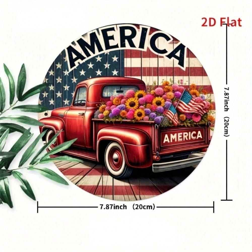 1pc Patriotic Red Truck Metal Sign with Floral Wreath, Round Wall Decor for Home Patio Garage Bar