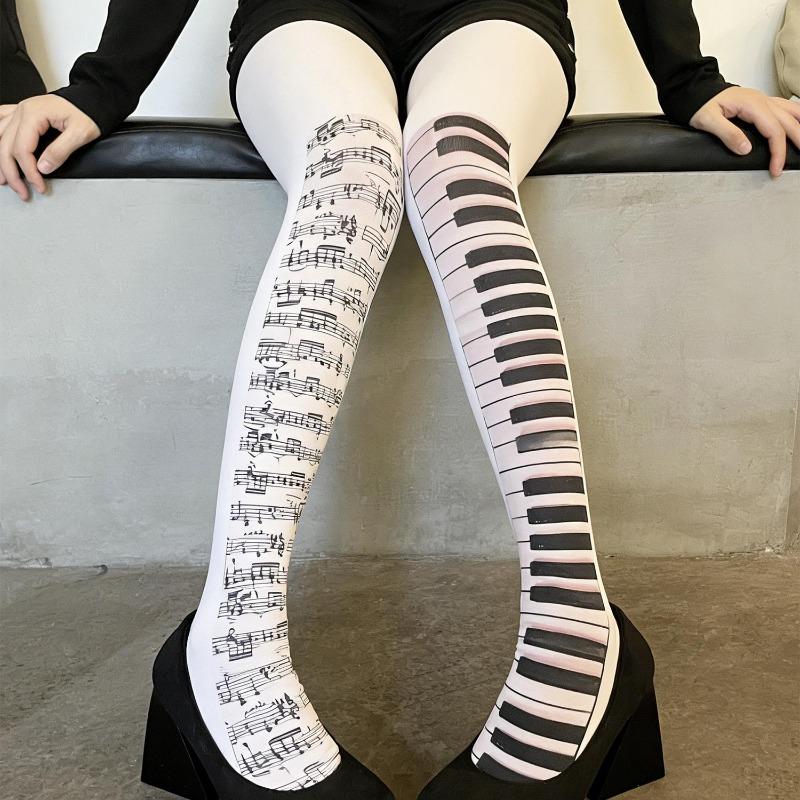 2000S Emo Style Tights Y2K Themed White Leggings with Piano Note Prints Harajuku Style Tights Cute Cosplay Socks