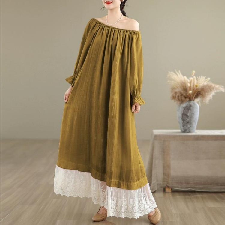 New French Style Oversize Off The Shoulder Dress Patchwork Lace Sweet One Neckline Slim and Long Look
