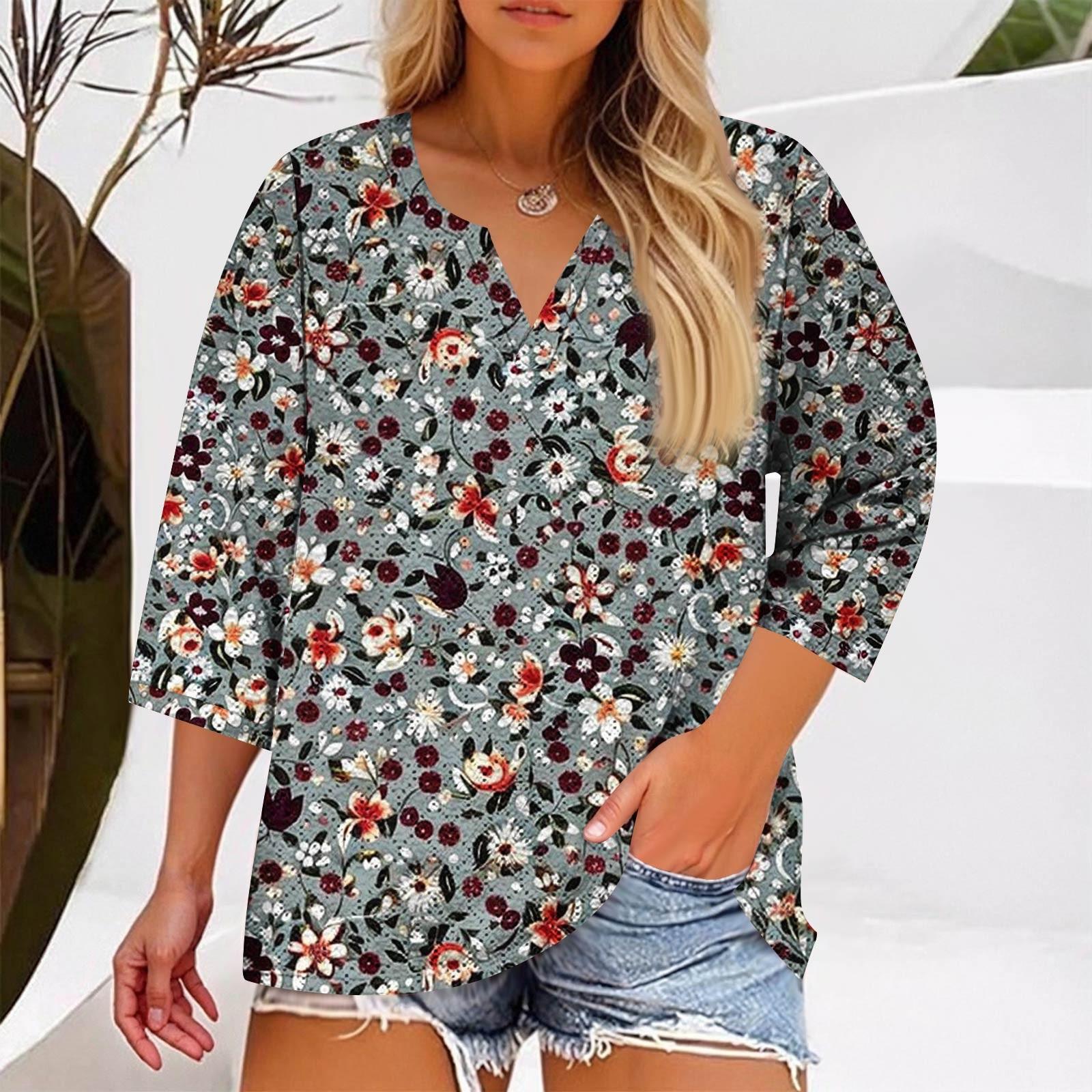 

Plus Size Women s Fashion Casual Vintage Print V-Neck 3/4 Sleeve Button T-Shirt Top XXL