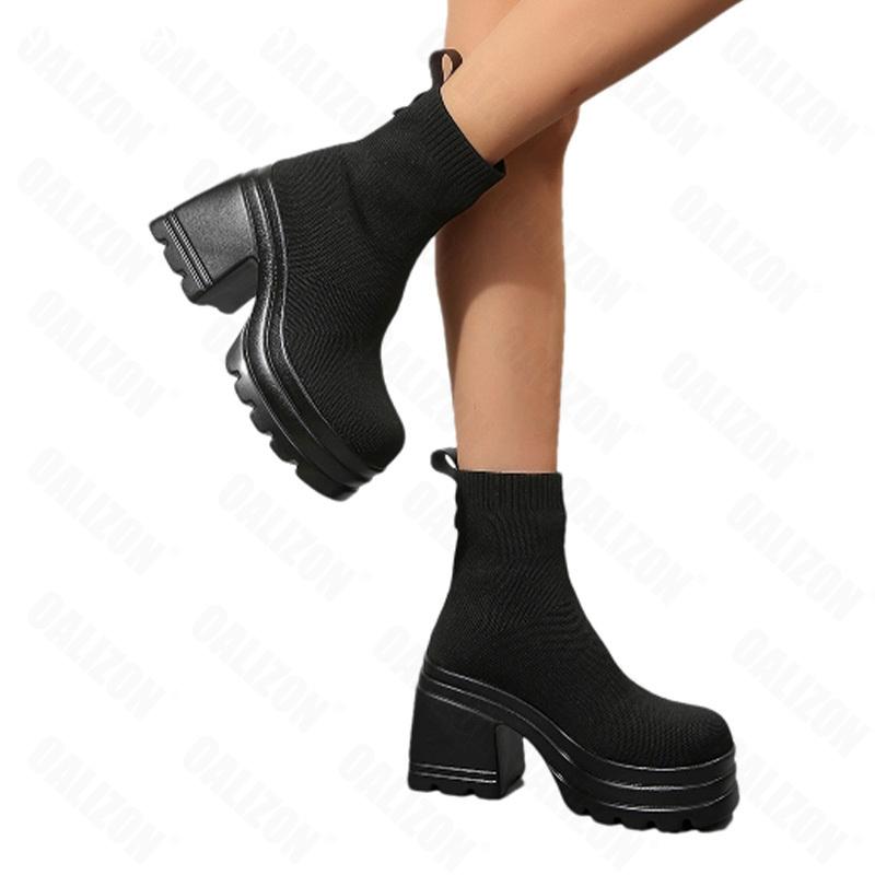 Mode Damen Plateau Stiefeletten Hohe Absätze Mode Sockenstiefel Strickschuhe 2025 Trend Winter Pumps Chelsea Boots Neu Mujer Botas