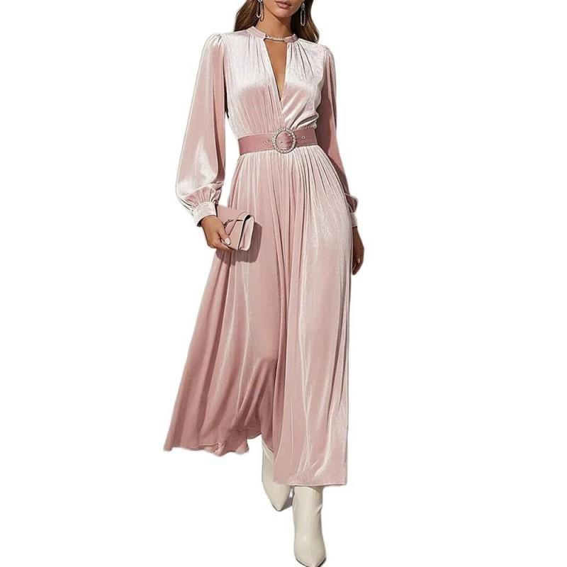Womens Solid Color V-Neck Velvet Long Sleeve Fitted Waist A-Line Maxi Dress With Ruched Detail