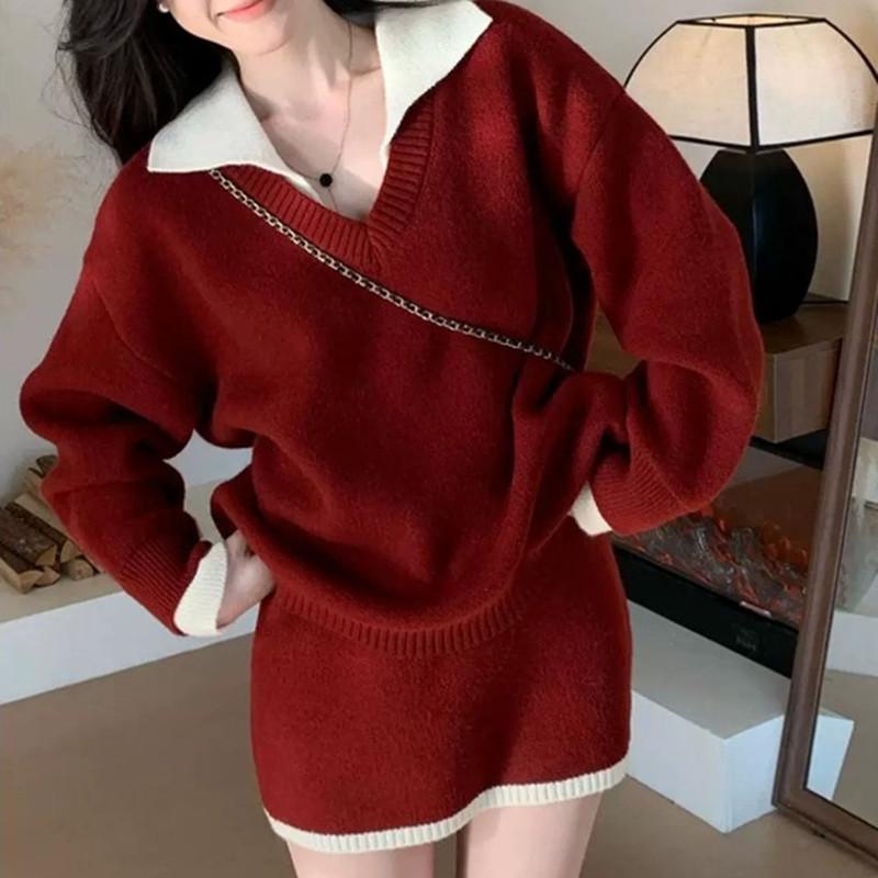 

Women s Red Knit Sweater & Short Skirt Two-Piece Set - Festive Autumn/Winter Outfit One Size (80-120 cm) красный