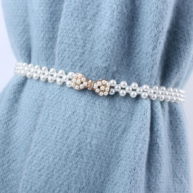Women Ladies Pearls Beads Chain Belt Stretchy Flower Buckle Waistband