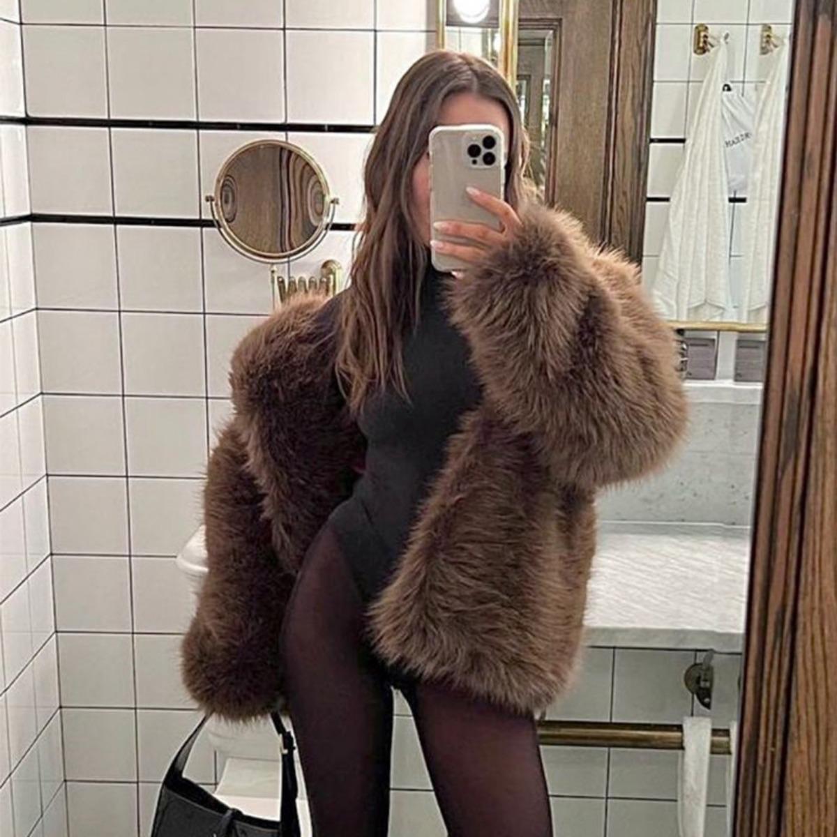 Французская осенне-зимняя мода Элегантное свободное теплое флисовое женское пальто M кофейный