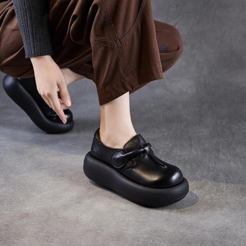 Johnature Genuine Leather Thick Soled Women's Shoes Round Toe Lightweight Retro Flat Platform Shoes