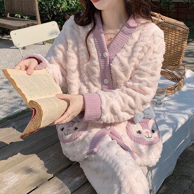 

Коралловая бархатная пижама для женщин, осень-зима, очень толстый бархат, милый фланелевый комплект домашней одежды с клубникой и кроликом XXL