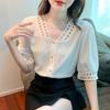 Summer  Office Lady Short Sleeve White Shirt Fashion Hollow Chiffon Women Blouse And Tops Elegant V-Neck Clothes Blusas 20201