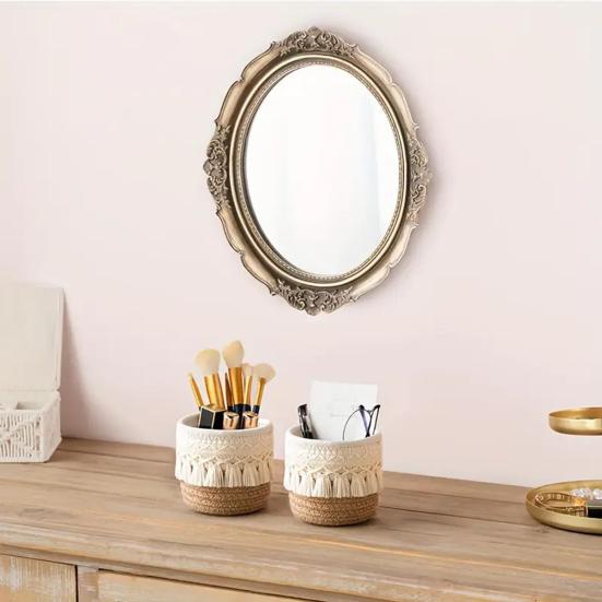 Boho Makeup Brush Holder Knotted Cord Tabletop Organizer with Tassels Handmade Circular Woven Basket for Office Desk Home Bedroom Dresser