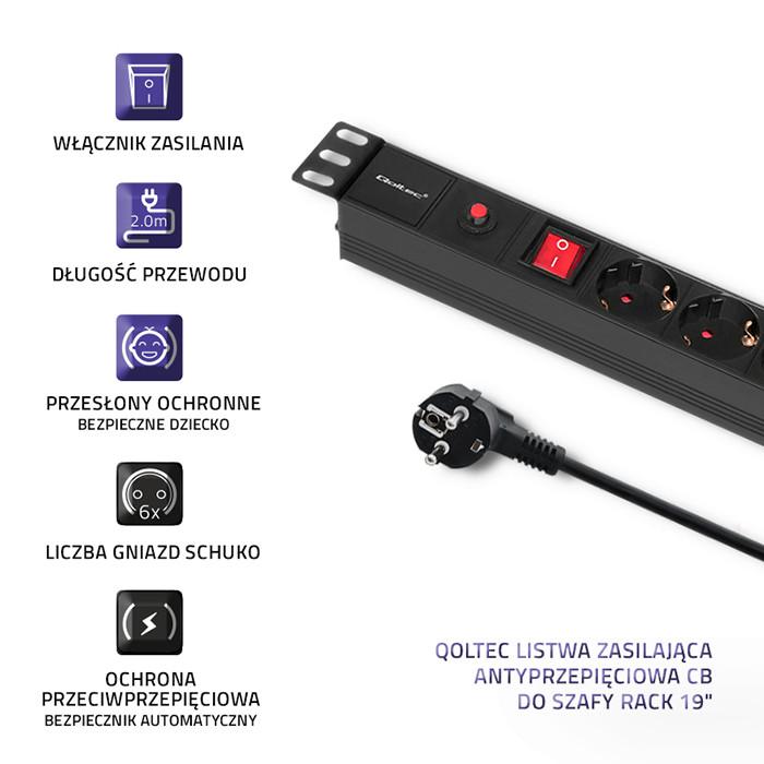 Qoltec Listwa Zasilająca PDU Antyprzeciążeniowa Do RACK 19" | 1U | 16A | 6xSCHUKO | 2m