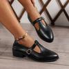 Vintage Pointed Toe Med Heel Mary Jane Pumps Woman Spring Plus Size Pu Leather Pumps Mujer T-Strap Thick Heels Shoes Women