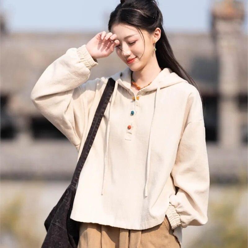 

Johnature женские винтажные толстовки с капюшоном, однотонные теплые осенние толстовки, пуловеры с длинными рукавами, толстовки One Size бежевый