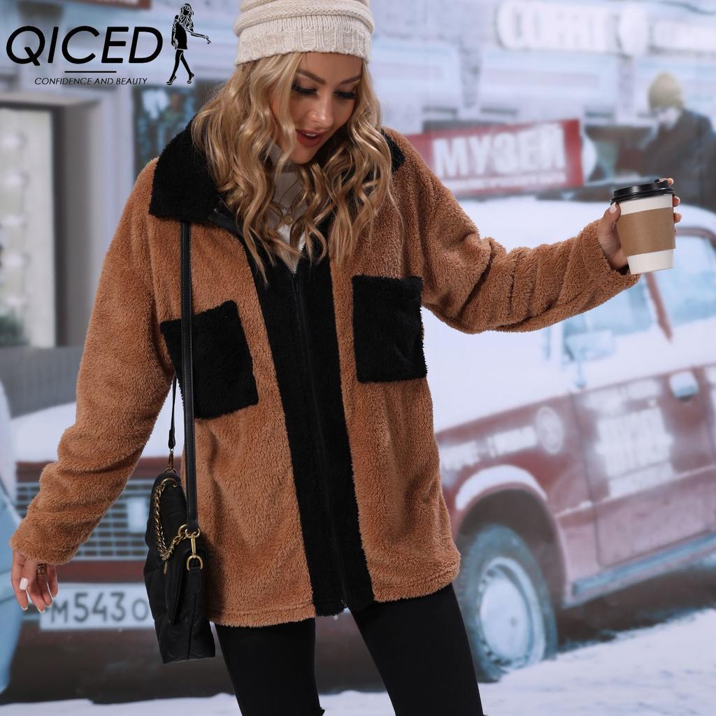 QICED Fashion Autumn Women's Lapel Long-sleeved Two-tone Double-sided Fleece Mid-length Loose Casual Coat