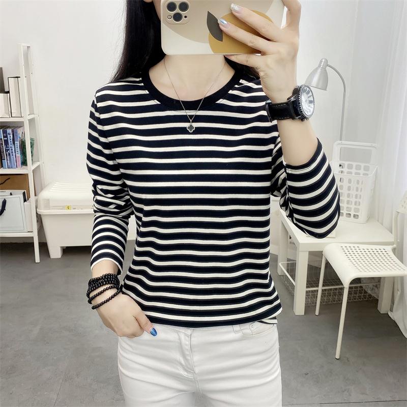 Fashion Women Stripe Top Stylish Long Sleeve Tops Round Collar Pullover Tops T-shirt Lady