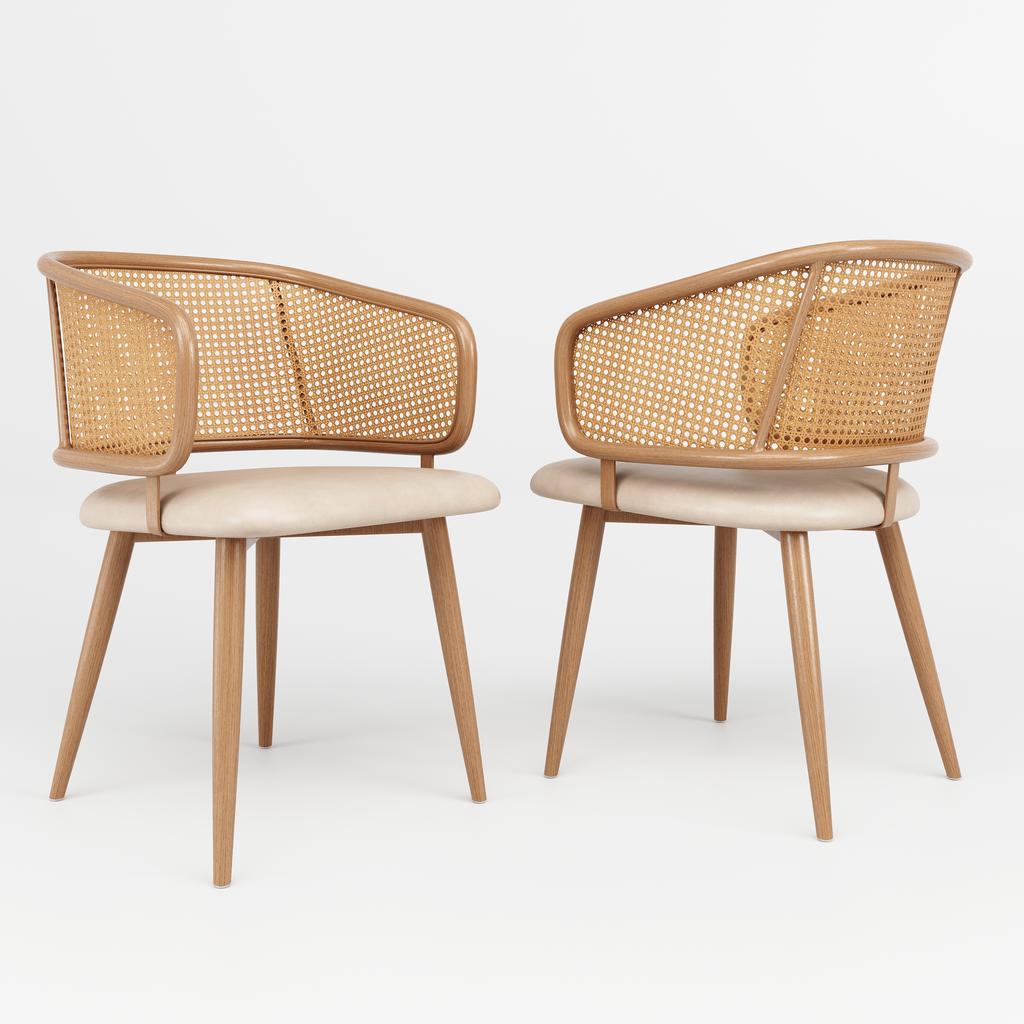 2 Dining Chairs with Rattan Backrest, Seat Cushion PU Leather, Breathable, Modern and Simple Style, Suitable for Restaurants, Living Rooms and Cafés