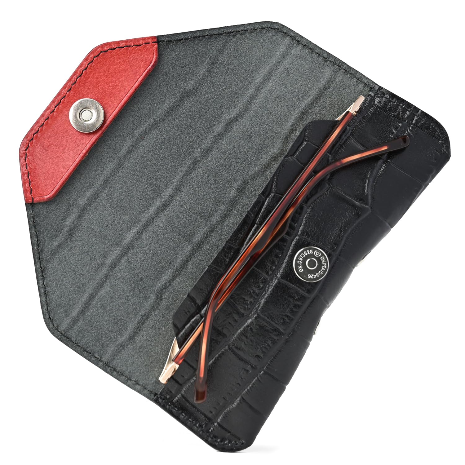 

ENTRAMBI Tochigi Leather Crocodile Embossed Eyeglass Case, Genuine Leather, Stylish Eyeglass Case for Men and Women, Made in Japan (Black x Red)