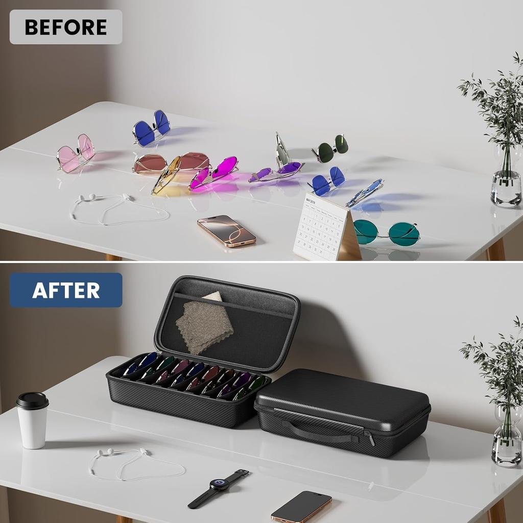 Travel Sunglasses Organizer Case with 8-Slot Adjustable Compartments, Hard EVA Eyeglasses Storage Bag for Men Women