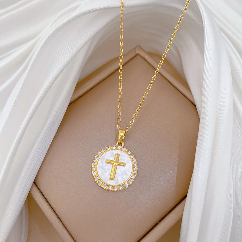 Round Cross Luxury Temperament Gorgeous Full Diamond Necklace Women'S Versatile Clavicle Chain Titanium Steel Chain