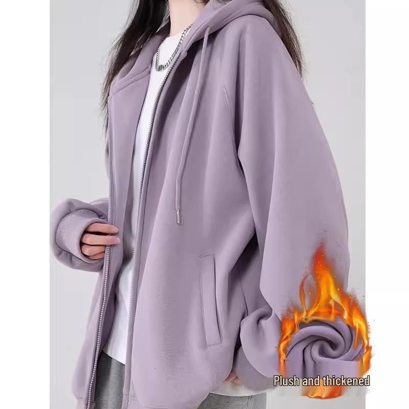Women's Grey Hooded Fleece Sweatshirt - Slimming Thick Zip-Up Cardigan for Autumn/Winter 2025