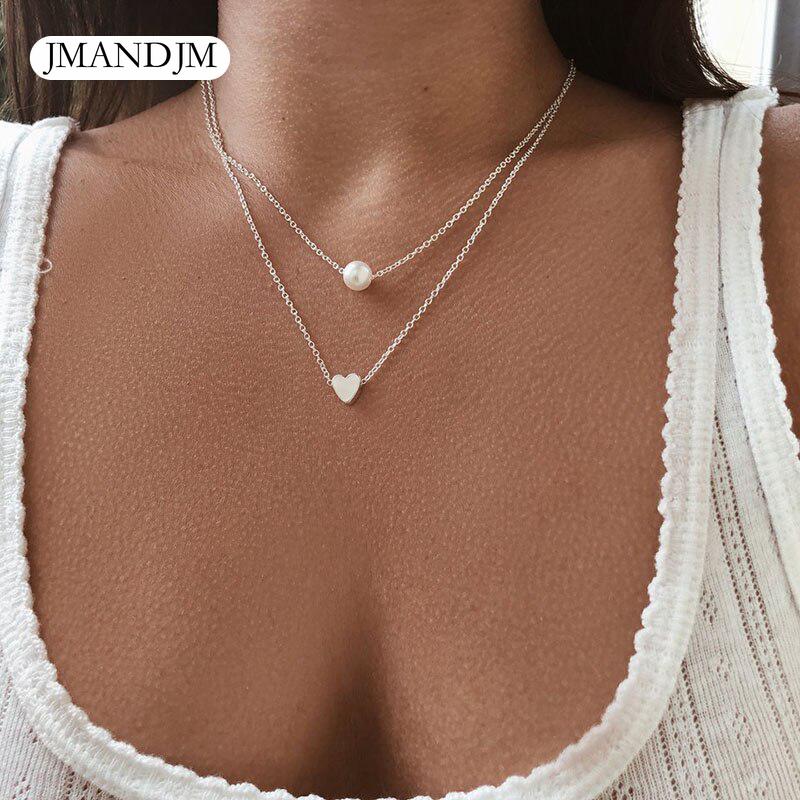 Bohemia Imitation Pearl Love Heart Double Layer Clavicle Chain Necklace Accessories Female Jewelry