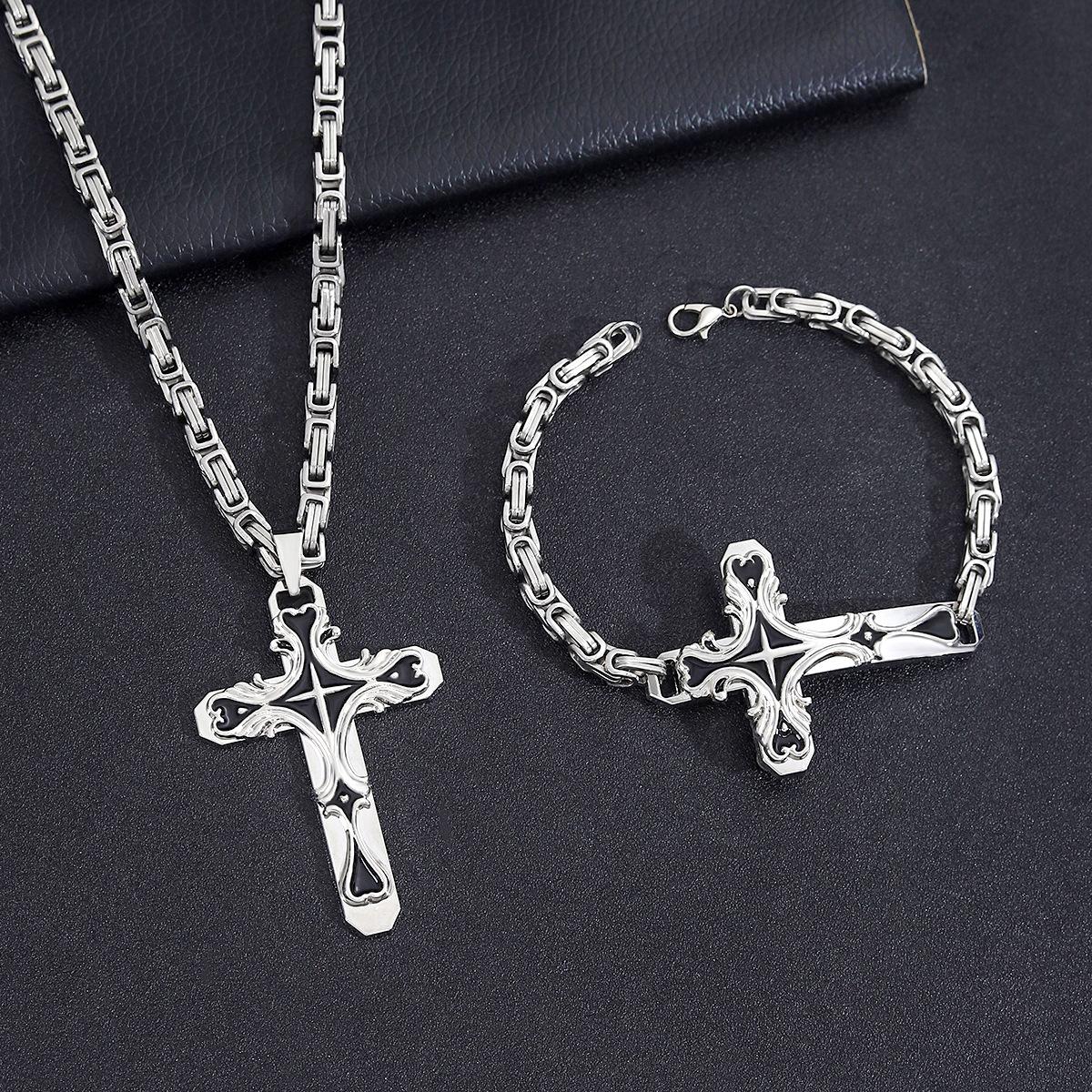 Vintage Cross Pendant Necklace And Bracelet Set Unisex Fashion Jewelry For Men And Women Stylish Gift A0502 серебряный