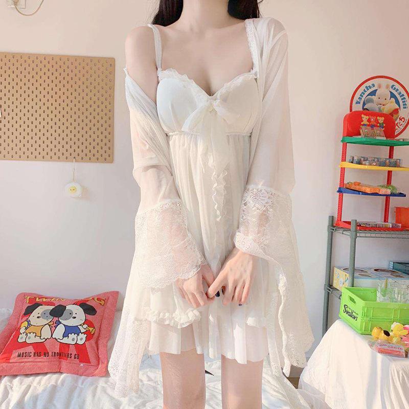 Elegant Sweet Simple Women Robe Gown Sets Chic Lace Bow Sleepwear Breathable Slim Nightdress