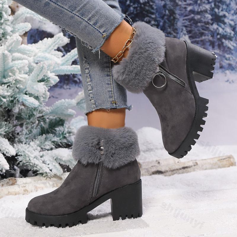 Large Size Women's Boots Winter Fashion Side Zipper Tumed-over Edge Cotton Shoes Outdoor Non Slip Comfortable Medium Heel Shoes