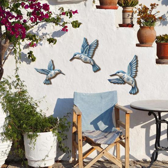 Wood Hummingbird Wall Art Vintage Flying Blue Bird Sculpture Rustic Wall Hanging Decoration for Home Bedroom Living Room Decor