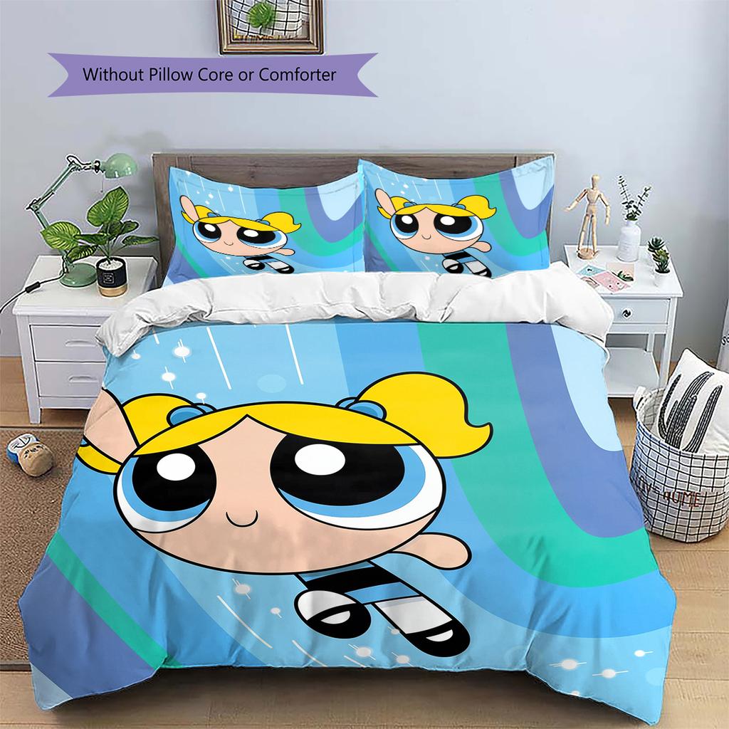 Powerpuff Girls Blossom Bubbles Buttercup Character Pattern Bedding Home Decoration Festival Gift (1 * duvet cover + 2 * pillowcase, without core)