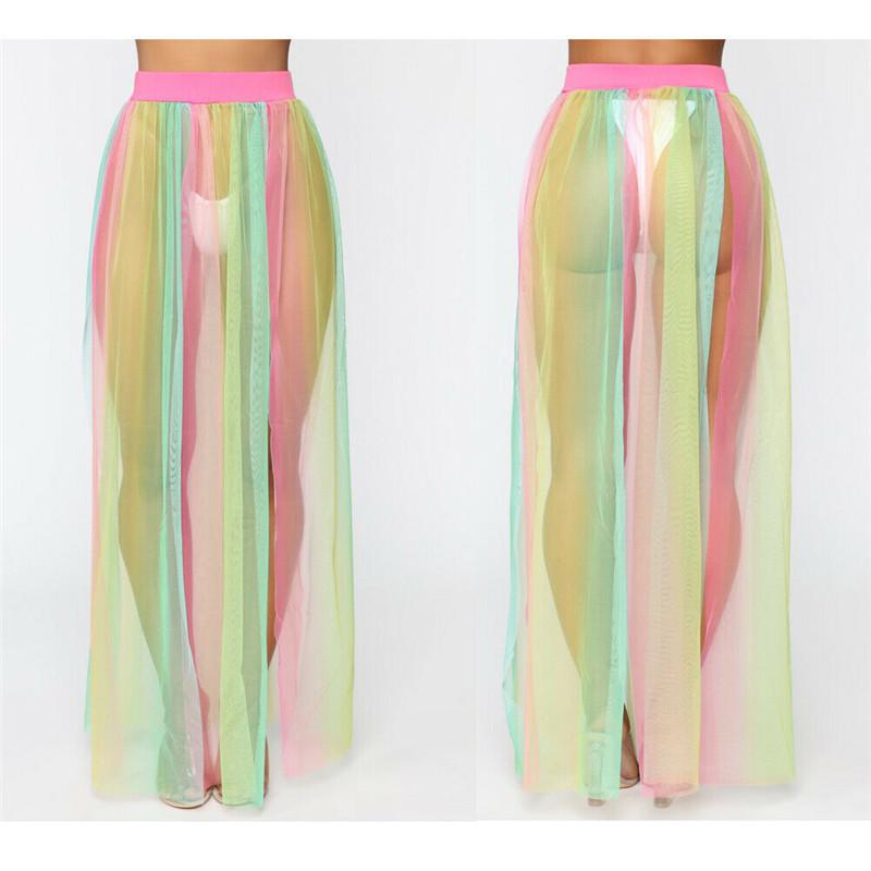 Women Swimwear Bikini Cover Ups Mesh Sheer See Through Beachwear High Waist Long Maxi Skirt