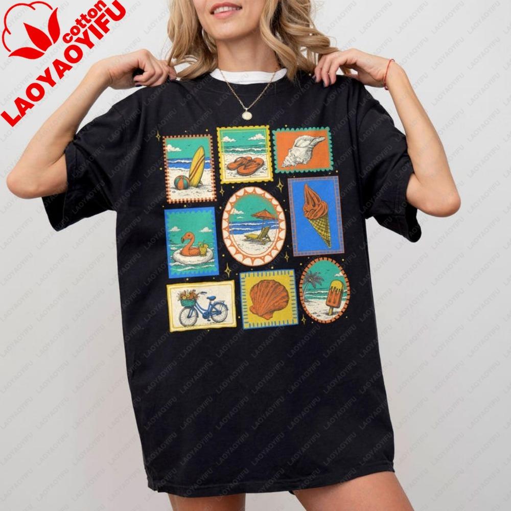 Vintage Beach Summer Shirt Coastal Vacation Tee for Women Beachy Graphic Clothes Women Tees Retro Stamp Sea Lovers Tops