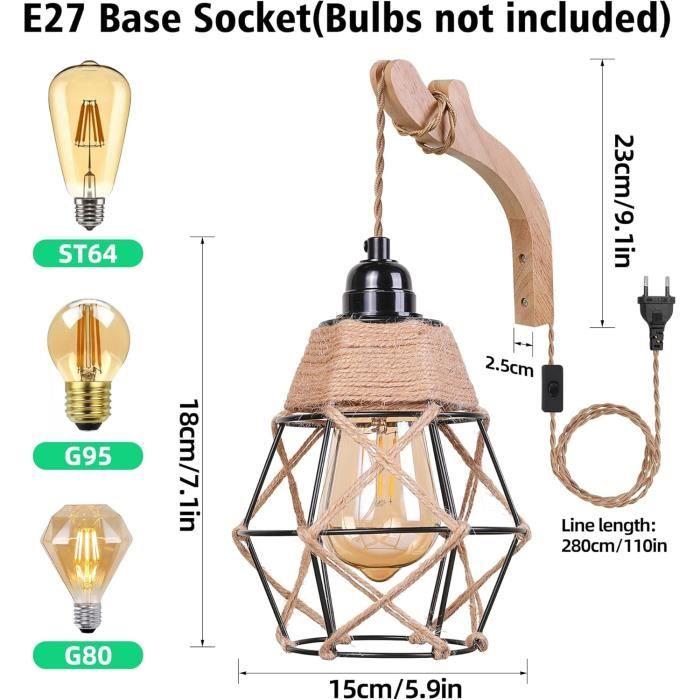 Eufrozy applique murale intérieur vintage,lampe murale boho avec interrupteur et câble de charge de 2.8 m,lampe rétro industriell