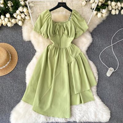 Novo vestido peplum irregular com manga bufante, elegante, gola quadrada, vestidos femininos, babados, moda coreana