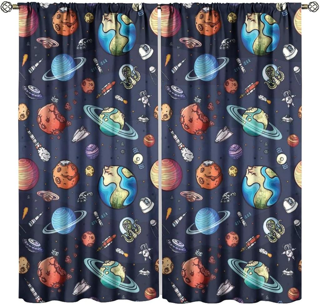 Kids Outer Space Curta, Universe Themed Earth Moon Rockets Stars Window Drapes, For Boys Girls Room Bedroom Living Room