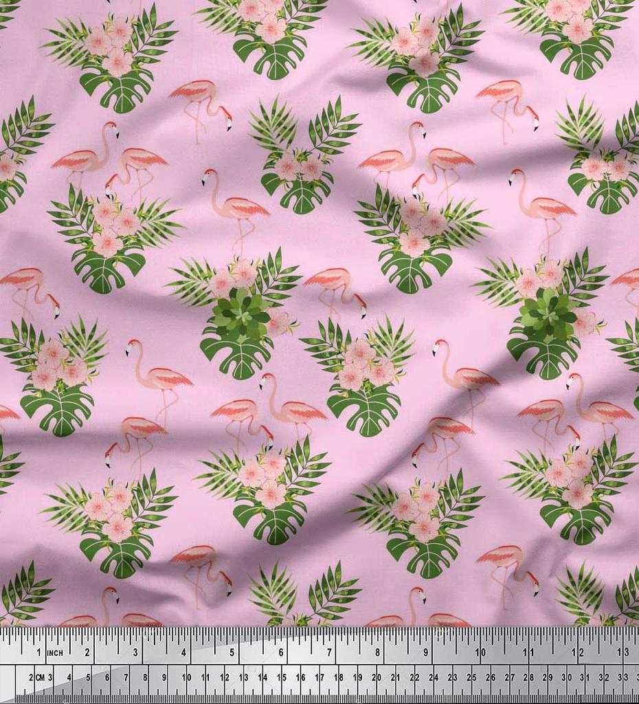 Soimoi Japan Crepe Satin Fabric Tropical Leaves,Floral & Flamingo Bird Print Fabric by the metre 42 Inch